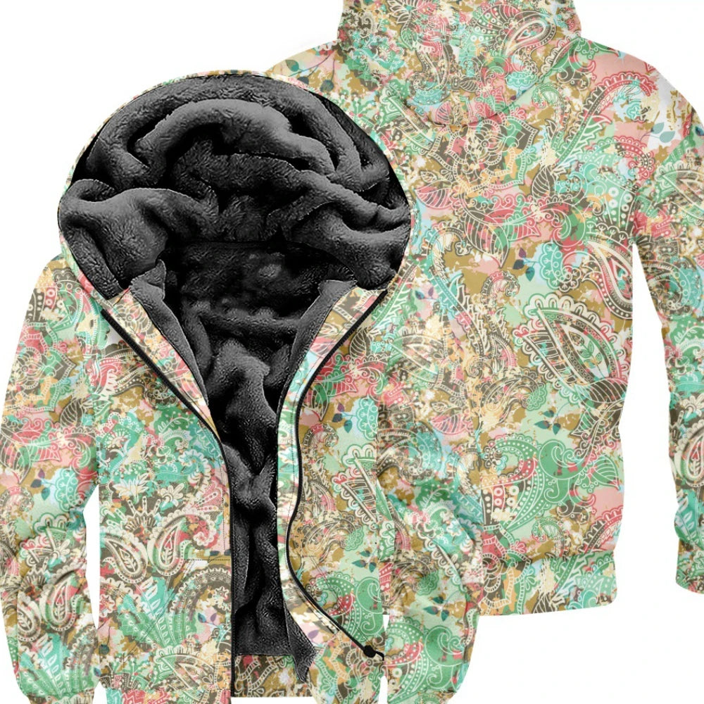 Thick Zipped Hoodies with Flowers and Leaves Print