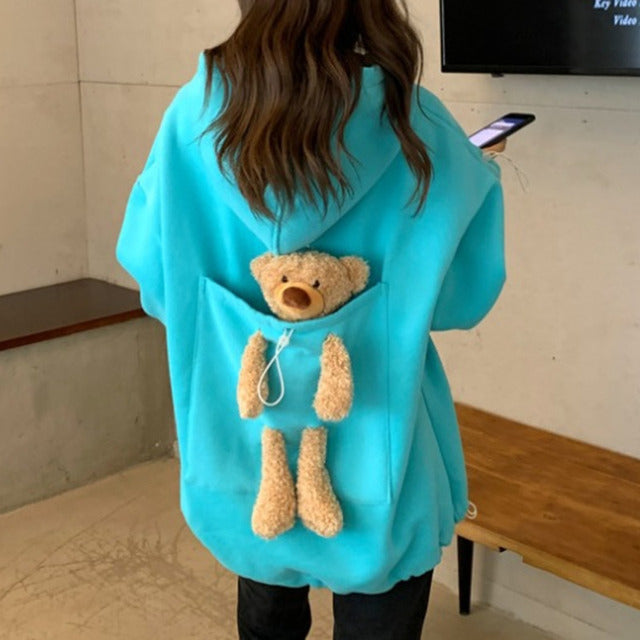 Couple Matching Autumn Hoodies with Bear Toy in Big Back Pocket