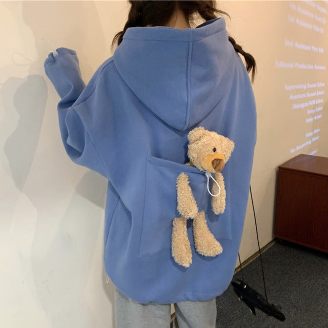 Couple Matching Autumn Hoodies with Bear Toy in Big Back Pocket