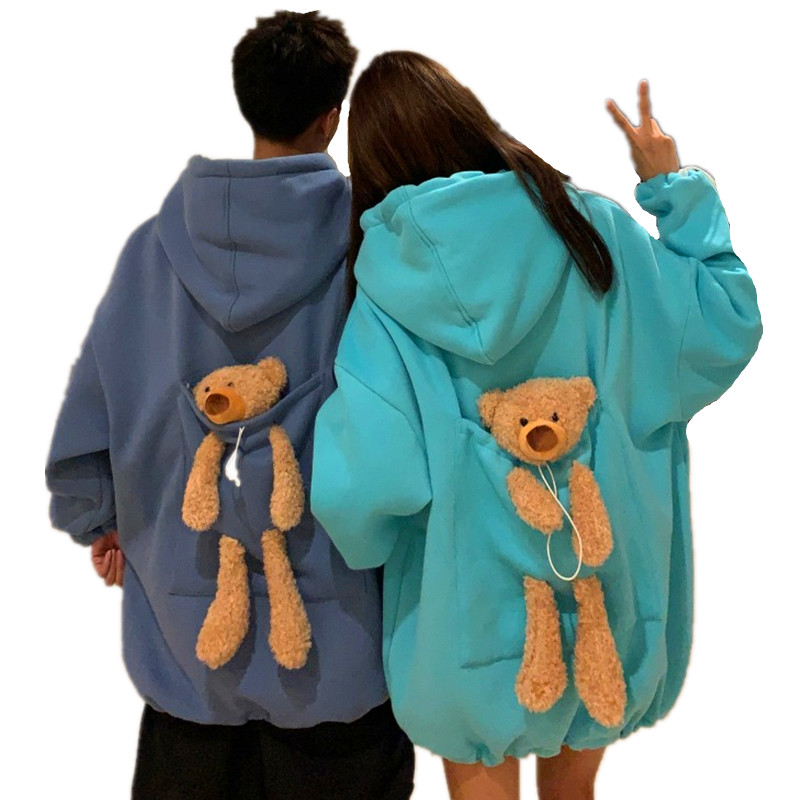 Couple Matching Autumn Hoodies with Bear Toy in Big Back Pocket