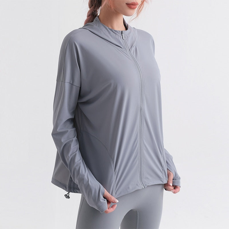Womens Loose Zipper Hooded Running Jacket