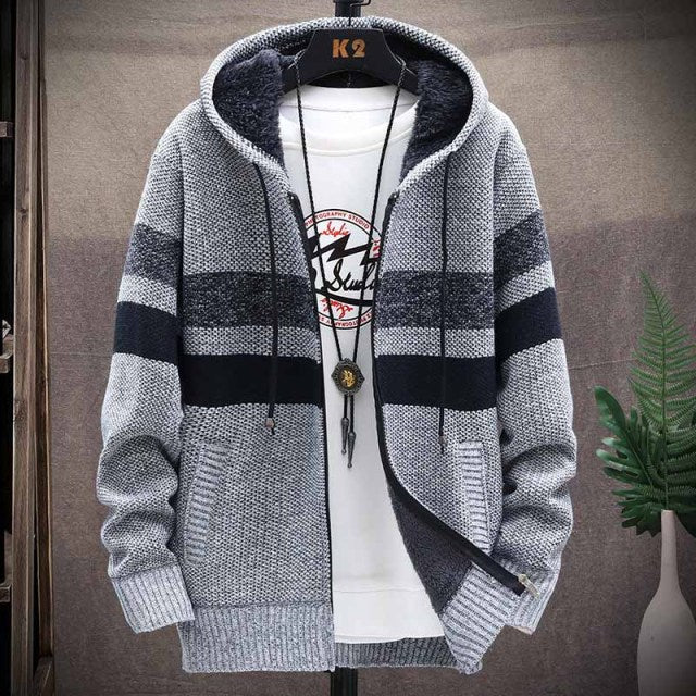 Striped Cardigan- Thick Knitted Hooded Sweaters/ Coat for Men