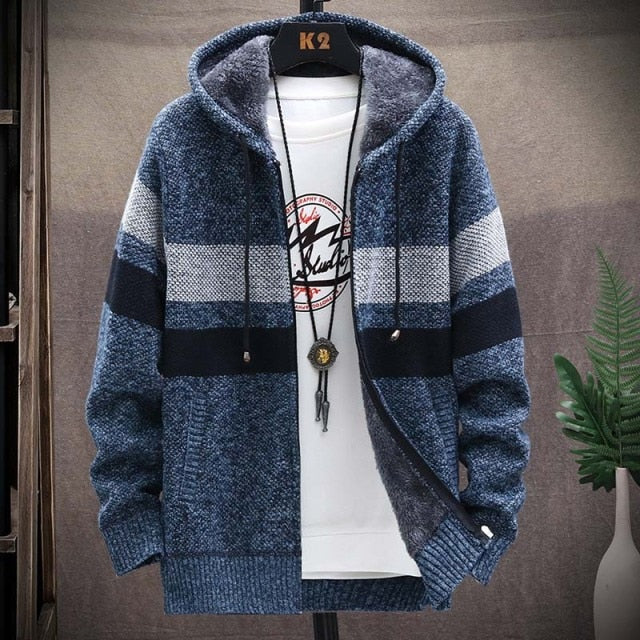 Striped Cardigan- Thick Knitted Hooded Sweaters/ Coat for Men