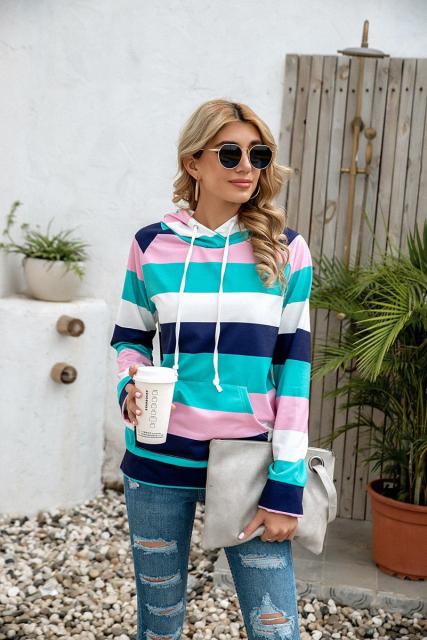 Casual Loose Ladies Pullovers with Pocket and Hooded Top