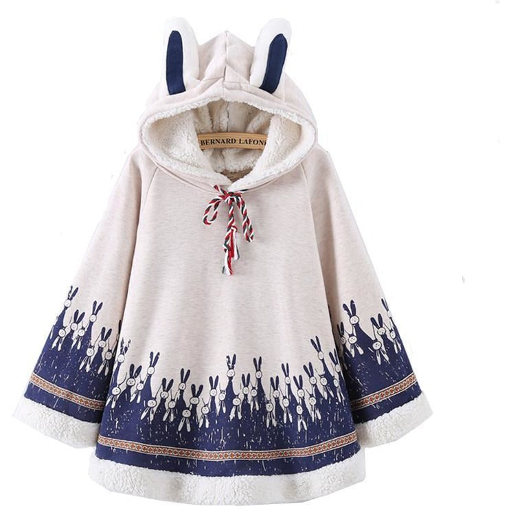 Warm Fleece Rabbit Print Cape With Ears - The Hoodie Store