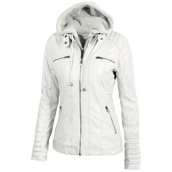 Womens Leather Button-Up Collar Jacket - The Hoodie Store