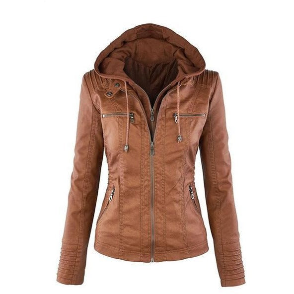 Womens Leather Button-Up Collar Jacket - The Hoodie Store