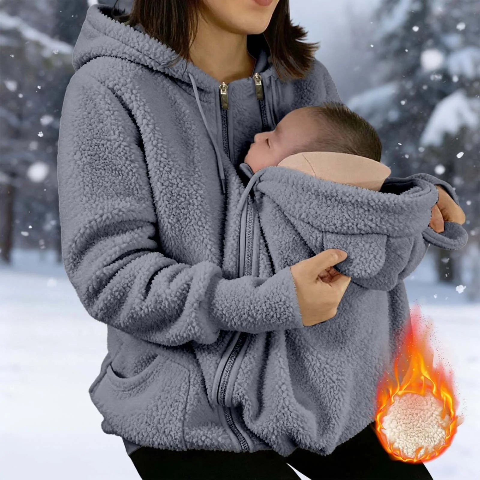 Maternity Winter Plush Hoodie Jacket with Kangaroo Pouch
