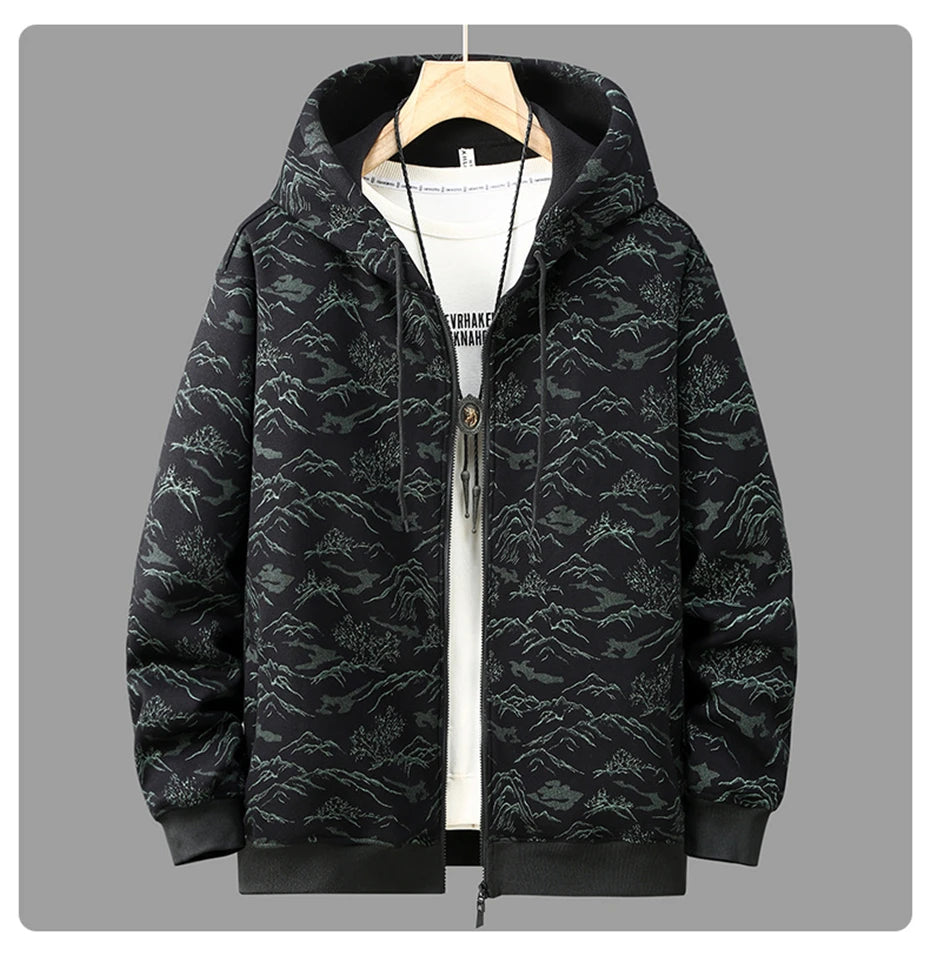 Plus-Size Zippered Camouflage Fleece Hoodie for Men - Available in Sizes Up to 8XL