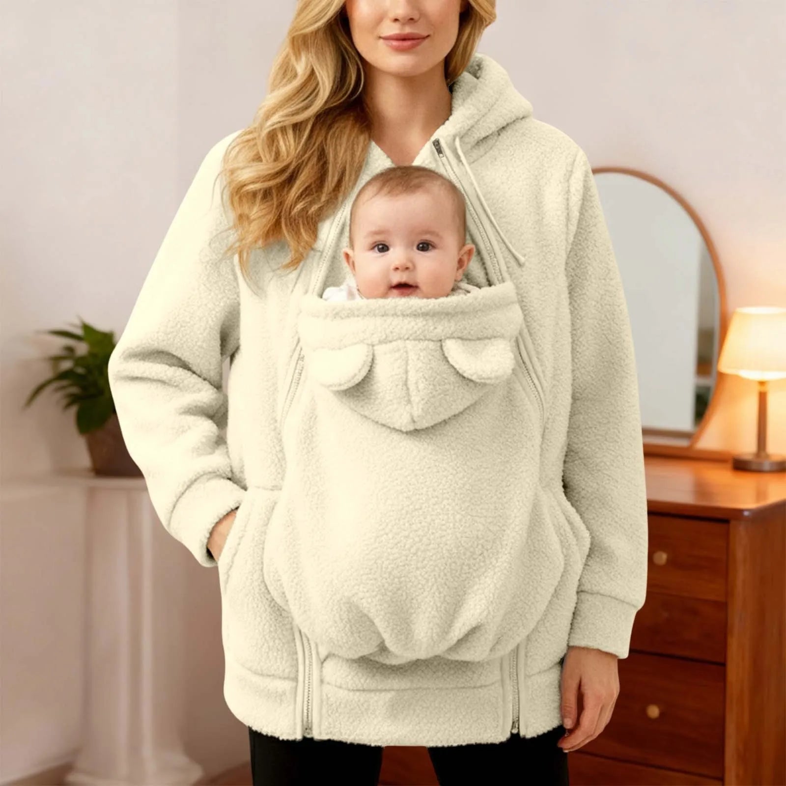 Maternity Winter Plush Hoodie Jacket with Kangaroo Pouch