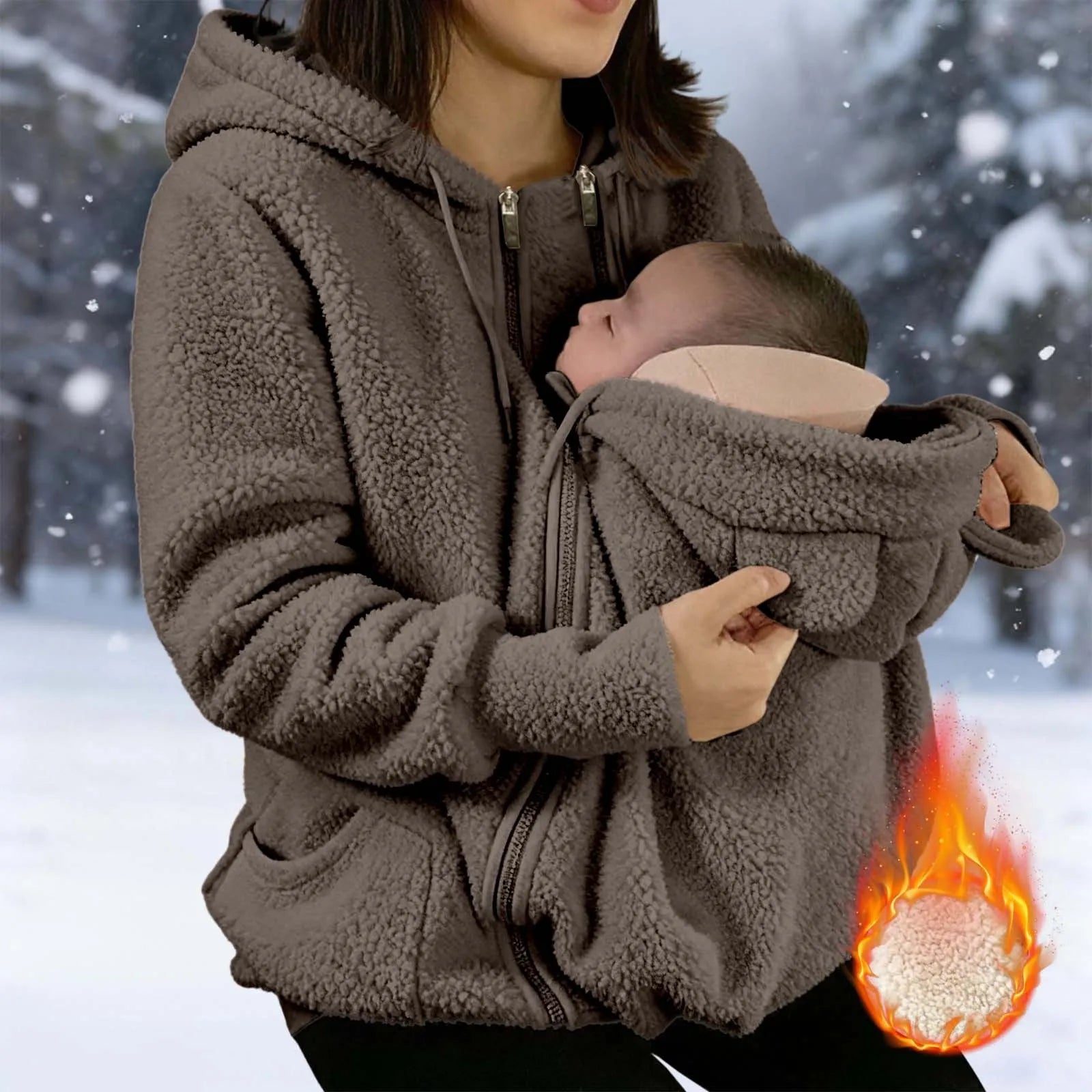 Maternity Winter Plush Hoodie Jacket with Kangaroo Pouch