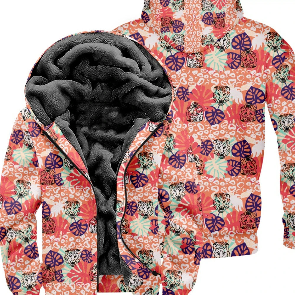 Thick Zipped Hoodies  with Flowers and Leaves Print