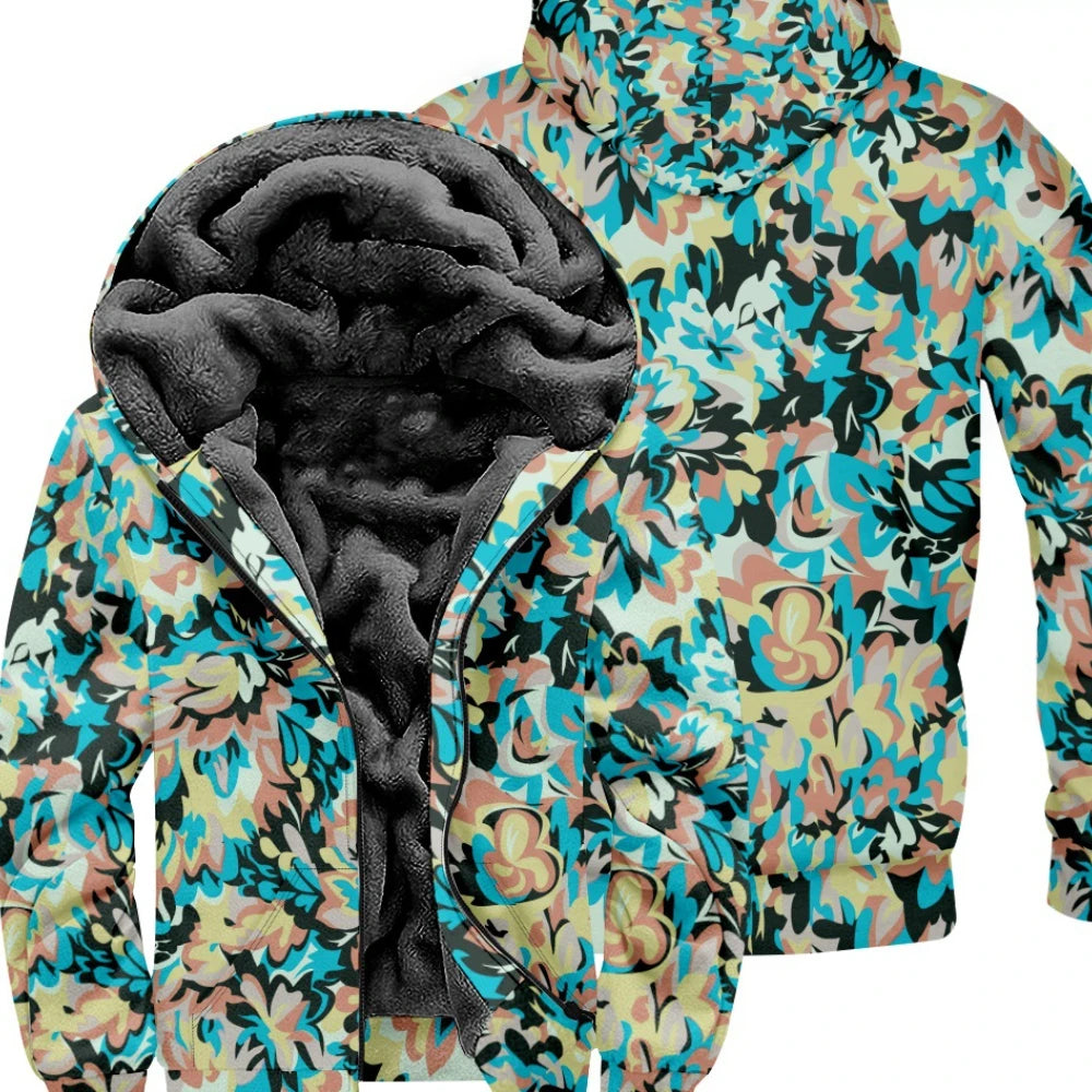 Thick Zipped Hoodies  with Flowers and Leaves Print