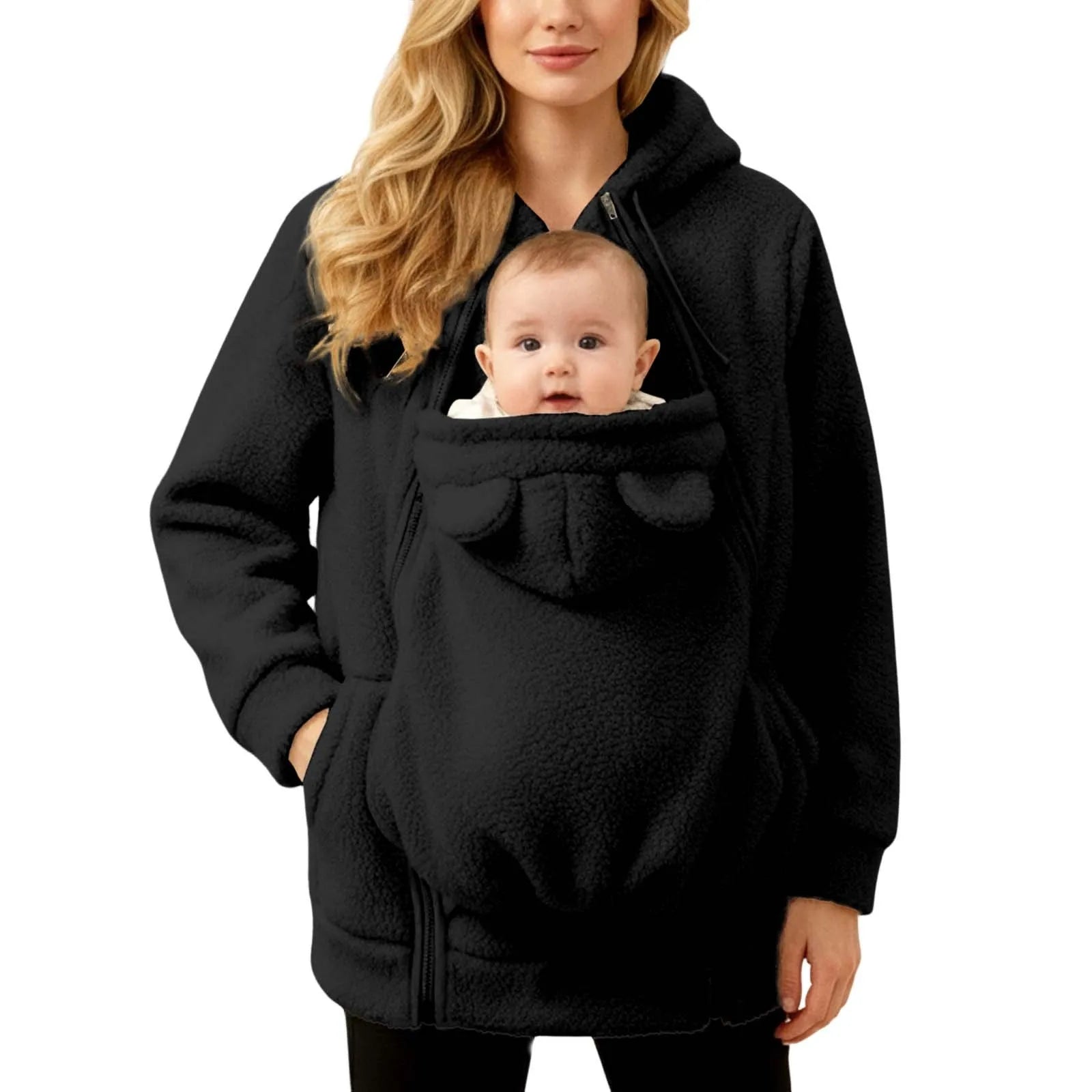 Maternity Winter Plush Hoodie Jacket with Kangaroo Pouch