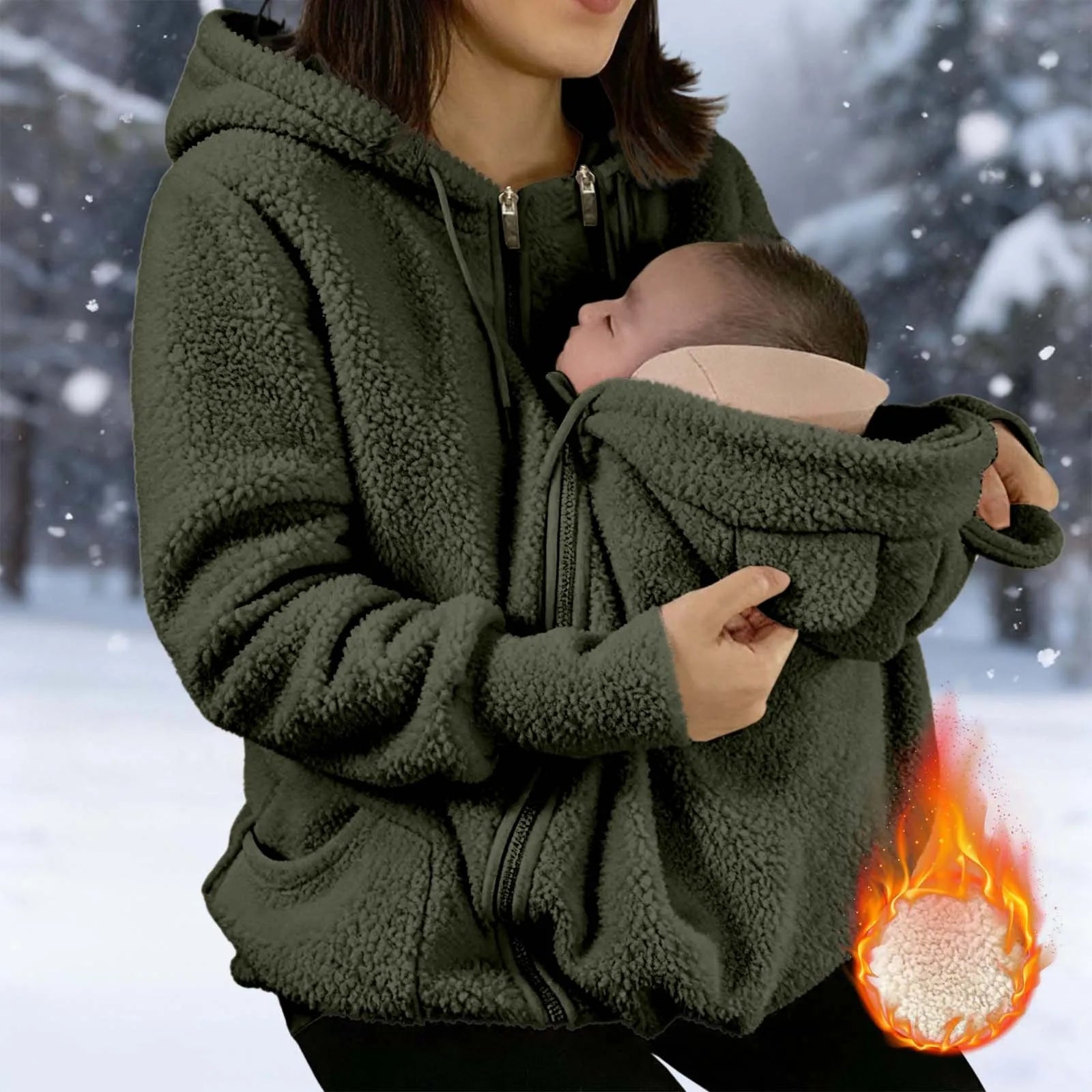 Maternity Winter Plush Hoodie Jacket with Kangaroo Pouch