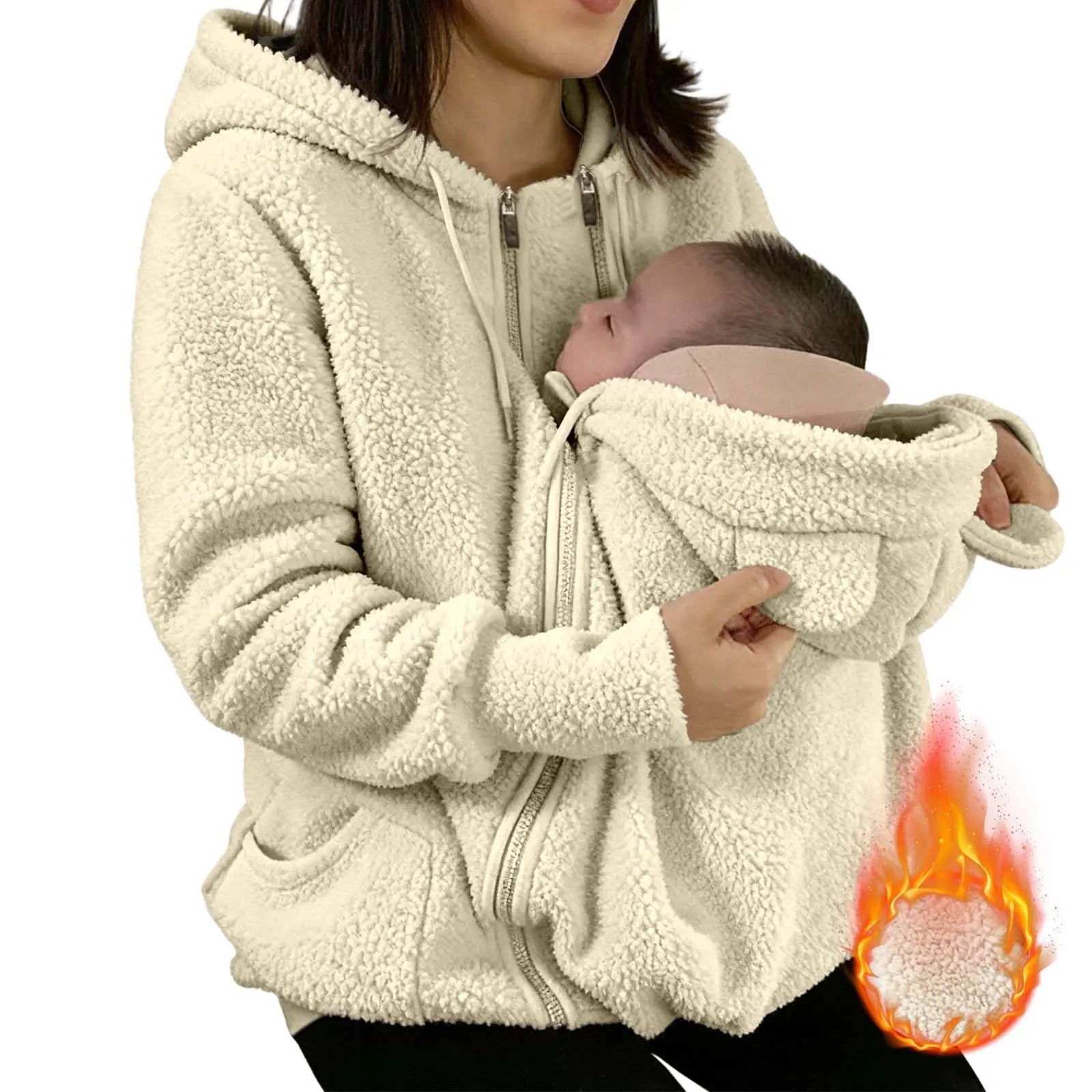 Maternity Winter Plush Hoodie Jacket with Kangaroo Pouch