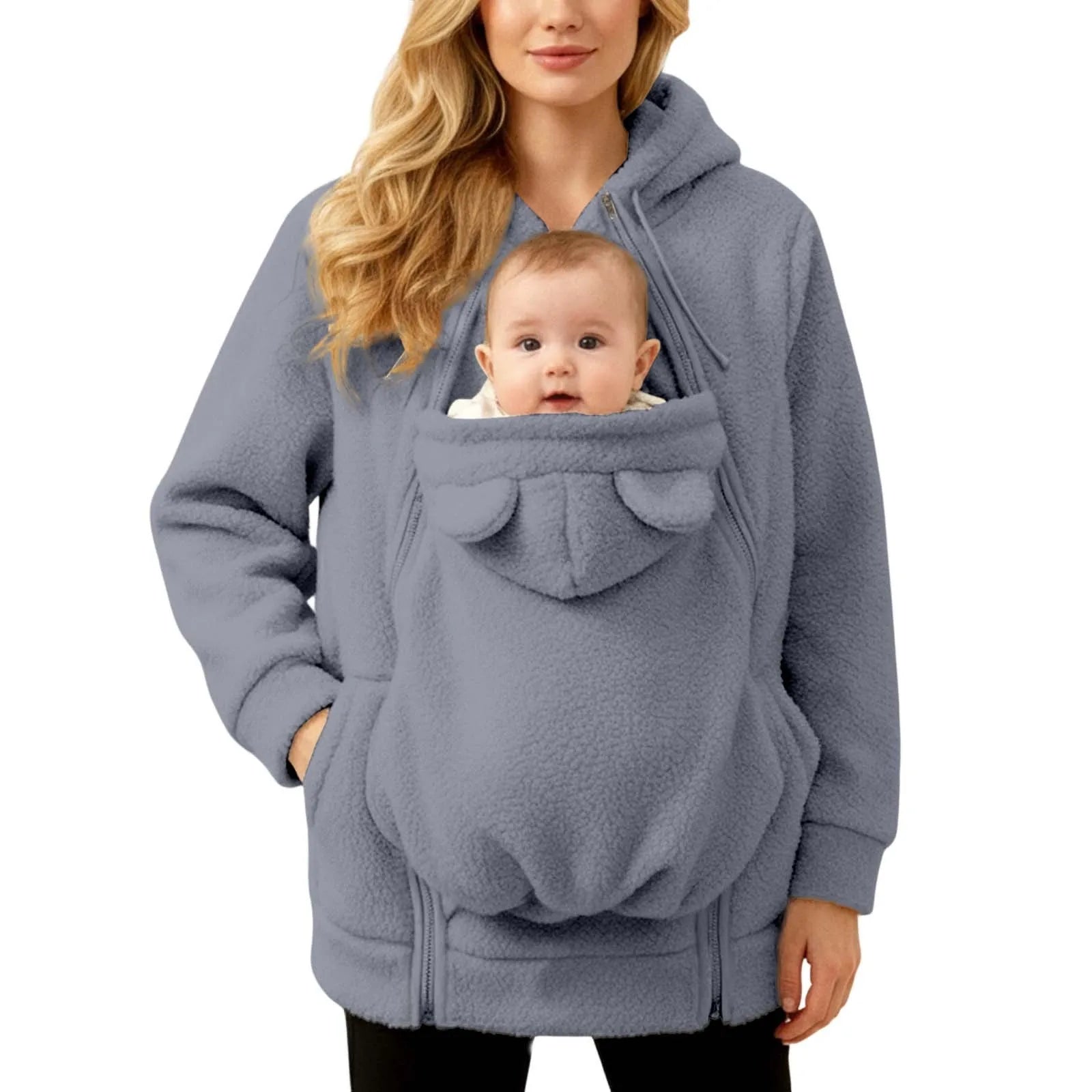 Maternity Winter Plush Hoodie Jacket with Kangaroo Pouch