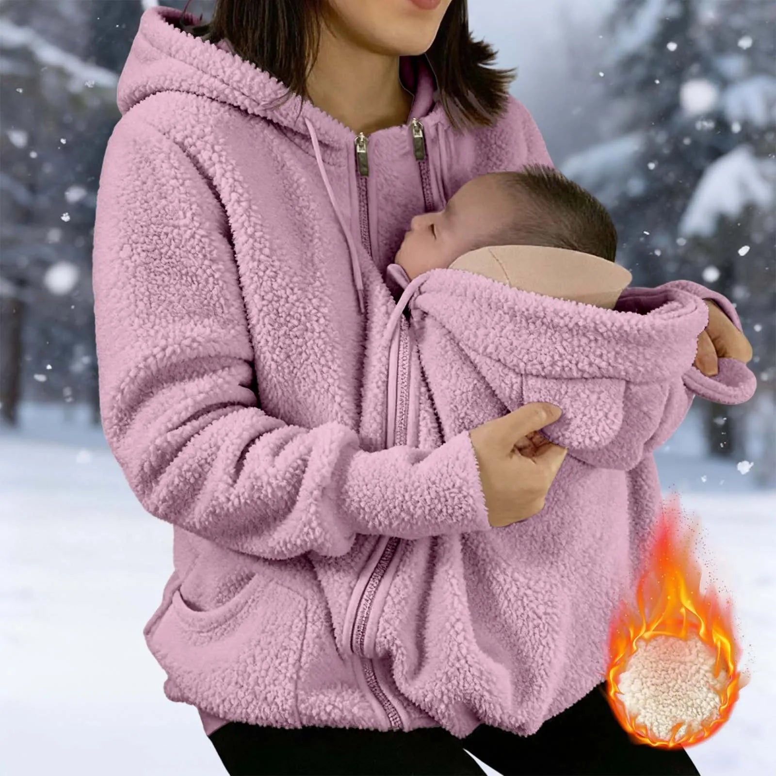 Maternity Winter Plush Hoodie Jacket with Kangaroo Pouch