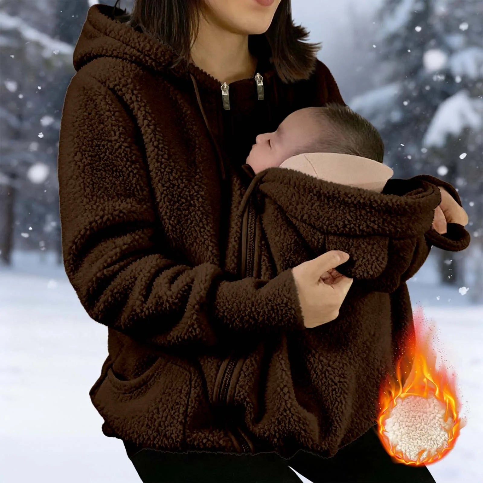 Maternity Winter Plush Hoodie Jacket with Kangaroo Pouch