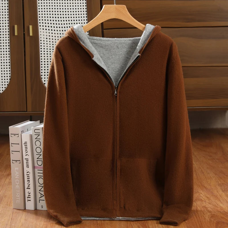 Men’s Double-Sided Cashmere Hooded Zip-Up Cardigan