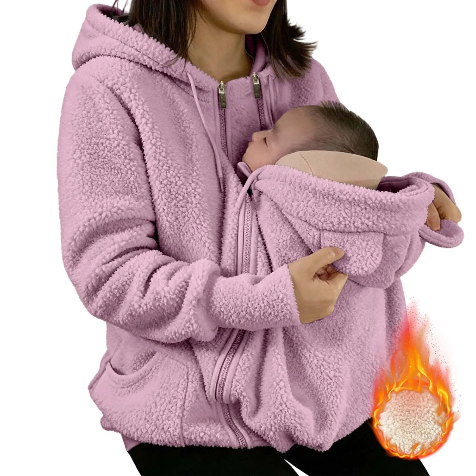Maternity Winter Plush Hoodie Jacket with Kangaroo Pouch