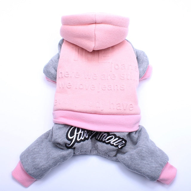 Pet Dog Fleece Hooded Jumpsuit with Embossed Print