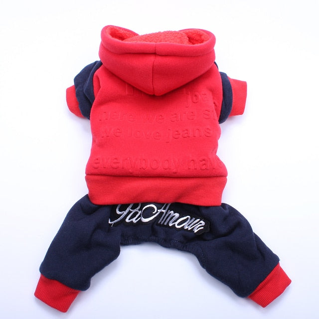 Pet Dog Fleece Hooded Jumpsuit with Embossed Print