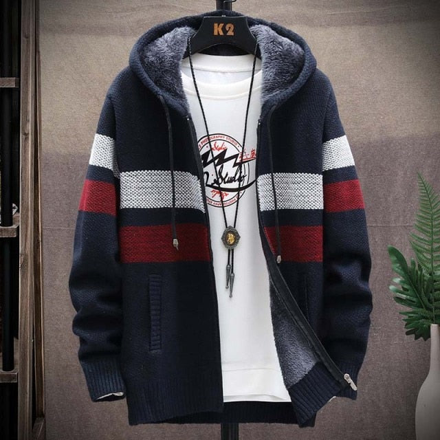 Striped Cardigan- Thick Knitted Hooded Sweaters/ Coat for Men