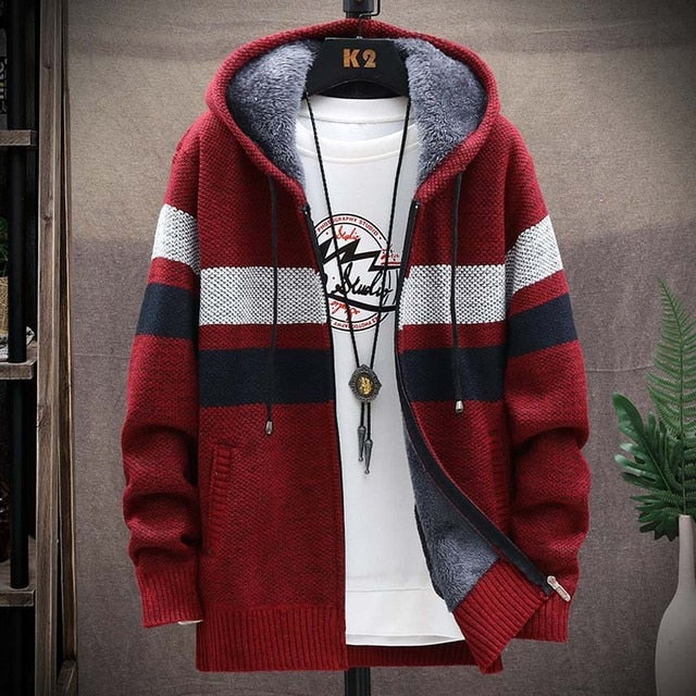 Striped Cardigan- Thick Knitted Hooded Sweaters/ Coat for Men