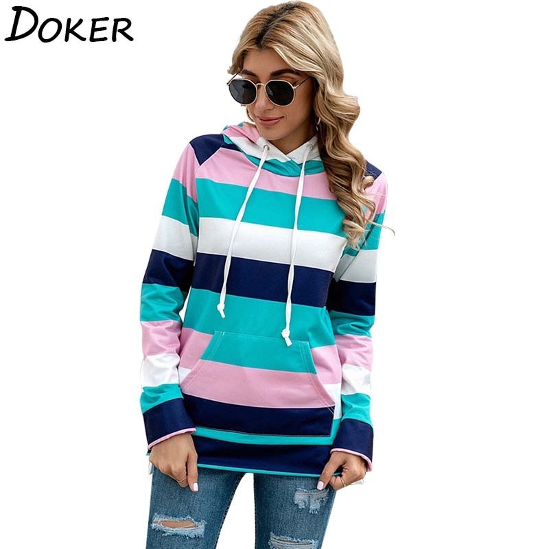 Casual Loose Ladies Pullovers  with Pocket and Hooded Top