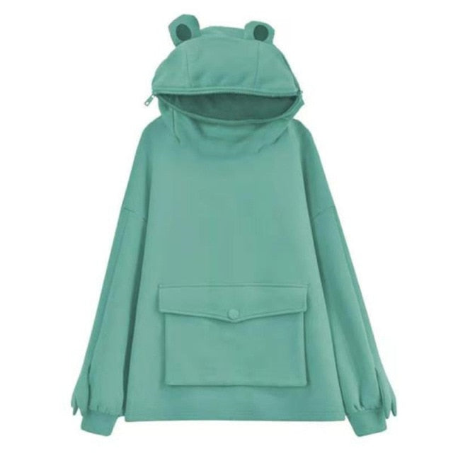 Mori Women's Autumn Thick Hooded Sweatshirt in Kawaii Frog Design