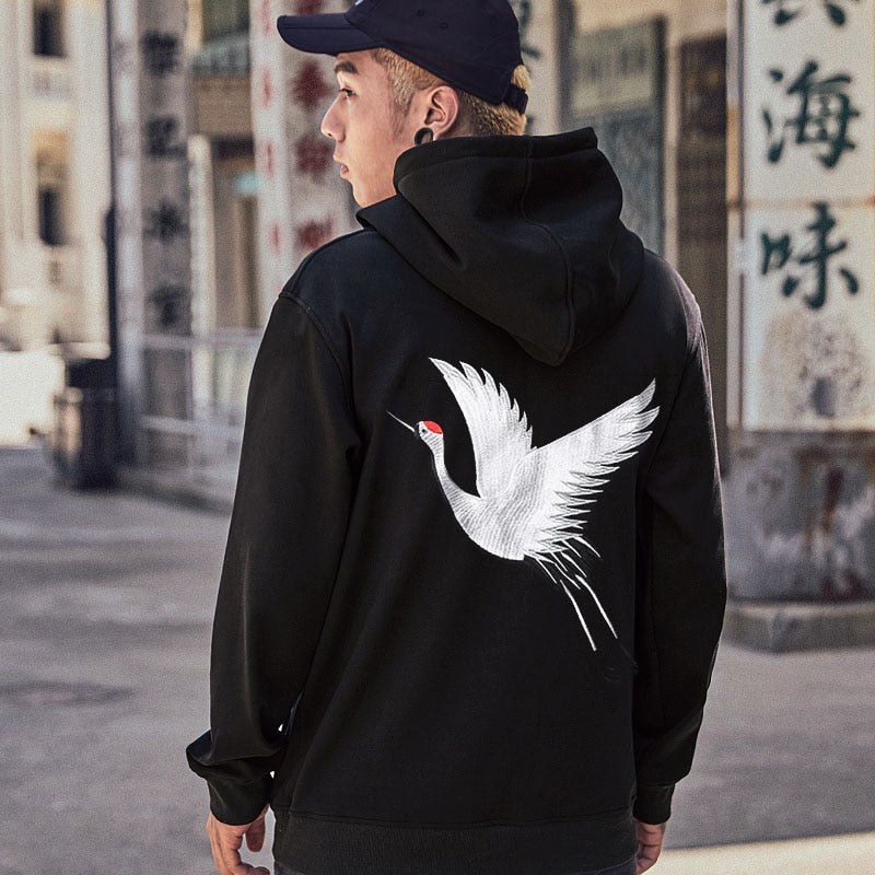 Men s Embroidery Japanese Crane Hoodies