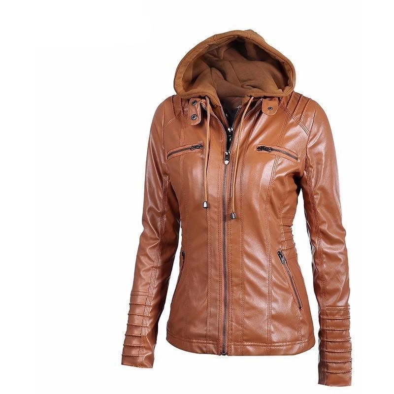 Womens Leather Button-Up Collar Jacket - The Hoodie Store
