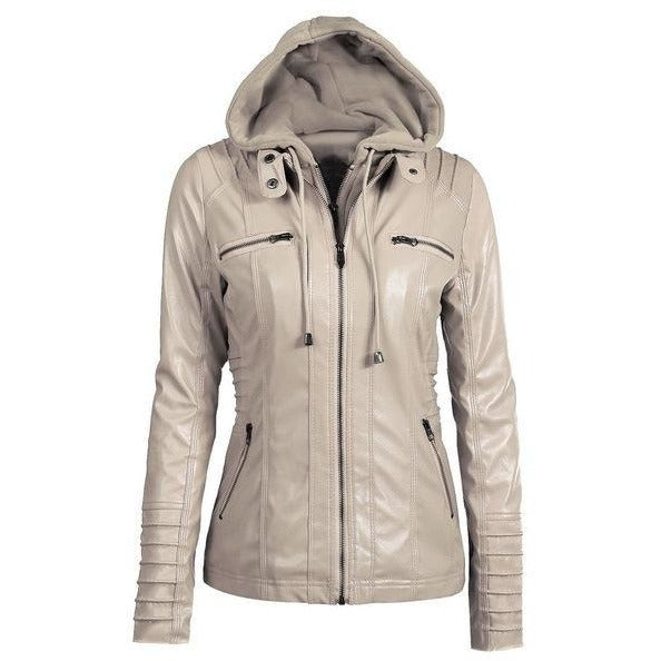 Womens Leather Button-Up Collar Jacket - The Hoodie Store